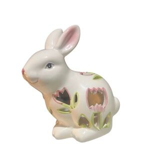 Ceramic Bunny with Floral Cutouts - White and Pink Tee light Candle